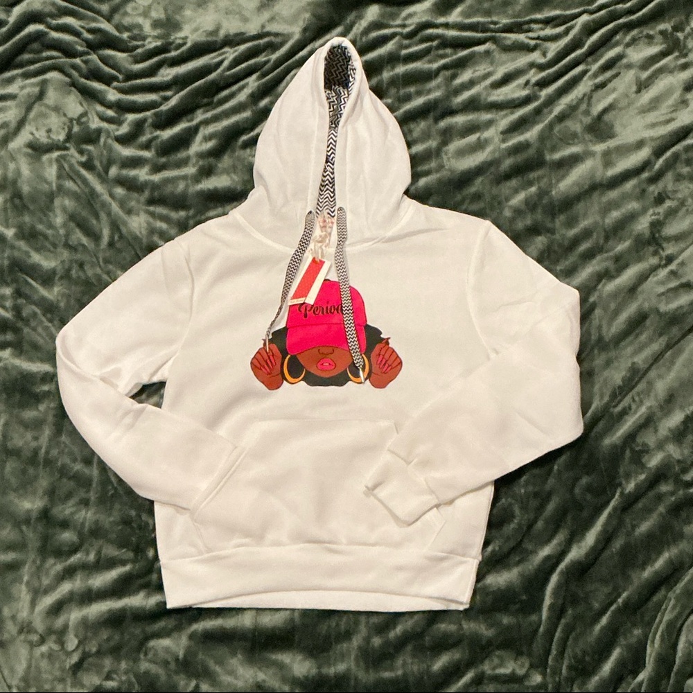 Women's White Hoodie with Pink Hat Graphic